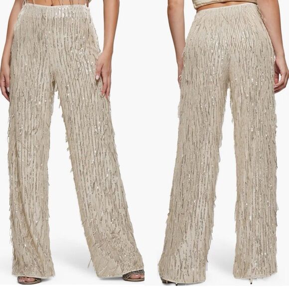 NWT GUESS Heidi Sequin Fringe Wide Leg Pants Womens SIZE MEDIUM Pearl NYE Shiny